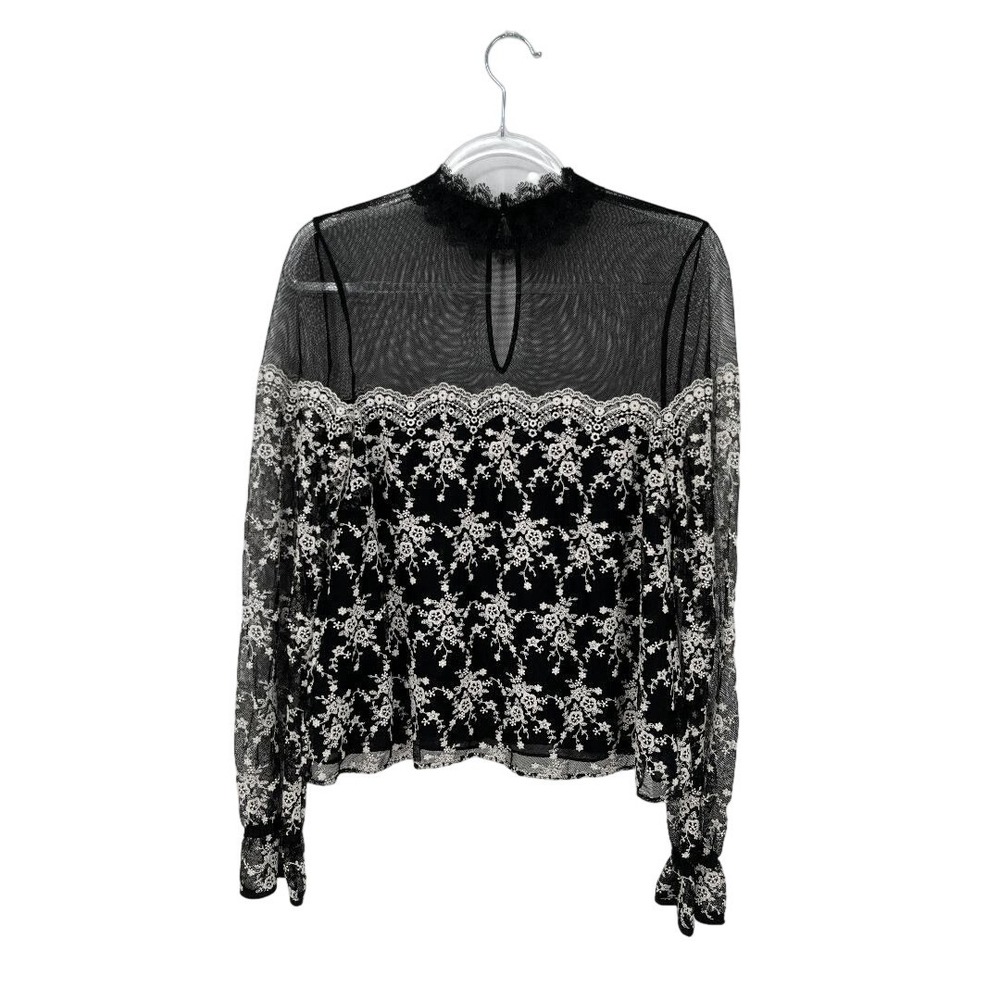 Black White Lace Mesh Top M Mock Neck Sheer Floral Embroidered Fairy Coquette